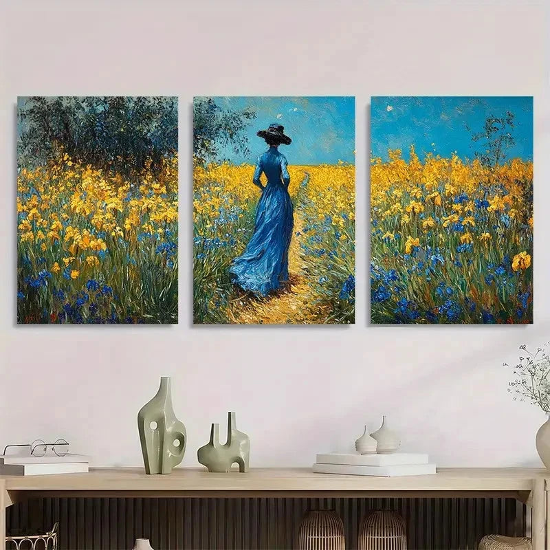 3pcs Yellow Irises In Giverny Landscape Perfect Wall Art Set Canvas Framed 40x60cm - High Quality Print 100% Australian Made Wall Canvas Ready to Hang