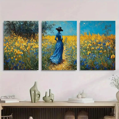 3pcs Yellow Irises In Giverny Landscape Perfect Wall Art Set Canvas Framed 40x60cm - High Quality Print 100% Australian Made Wall Canvas Ready to Hang