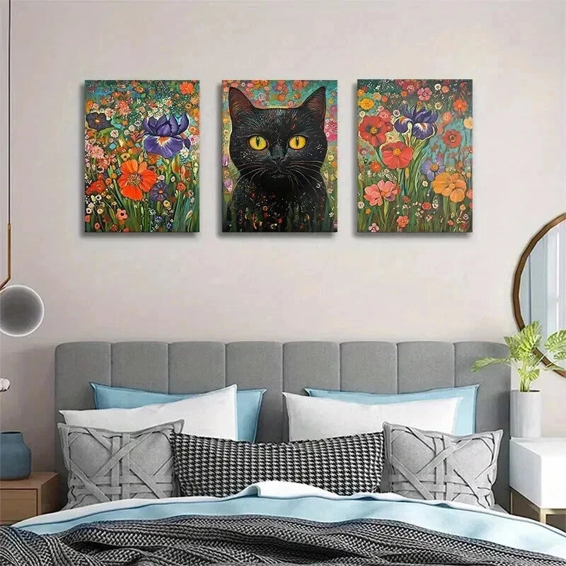 3pcs Feline Black Cat And Floral Garden Wall Art Set Canvas Framed 40x60cm - High Quality Print 100% Australian Made Wall Canvas Ready to Hang