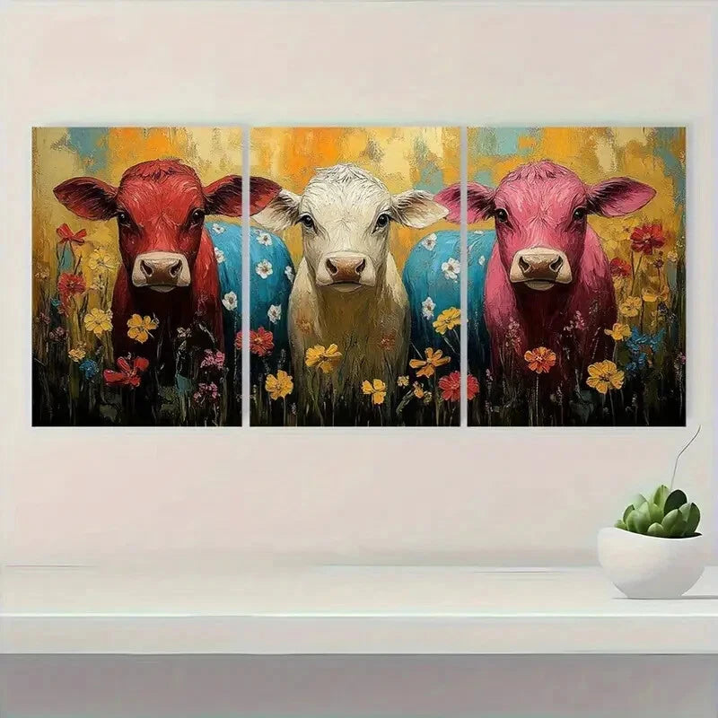 3pcs Three Cows in Floral Field Metal Print Ready to Hang Art