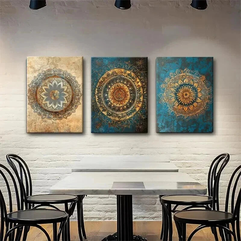 3pcs Elegant Golden & Teal Geometric Patterns Wall Art Set Canvas Framed 40x60cm - High Quality Print 100% Australian Made Wall Canvas Ready to Hang