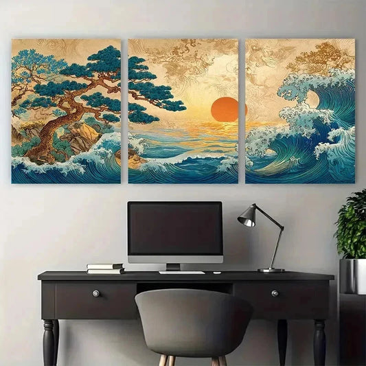 3pcs Vintage Japanese Sunrise And Great Perfect Wall Art Canvas Framed 60x90cm
