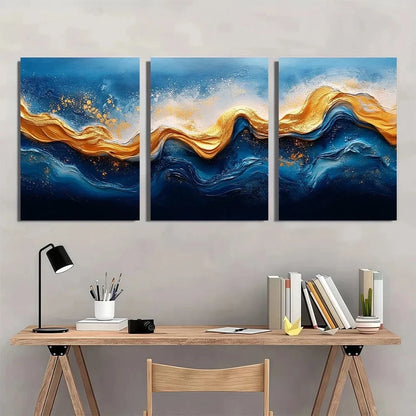 3pcs Modern Abstract Theme Blue and Golden Wall Art Set Canvas Framed 40x60cm - High Quality Print 100% Australian Made Wall Canvas Ready to Hang
