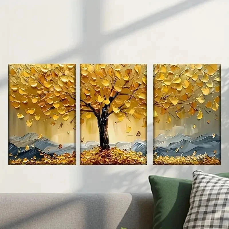 3pcs Tree with Golden Yellow Leaves Wall Art Set Canvas Framed 40x60cm - High Quality Print 100% Australian Made Wall Canvas Ready to Hang