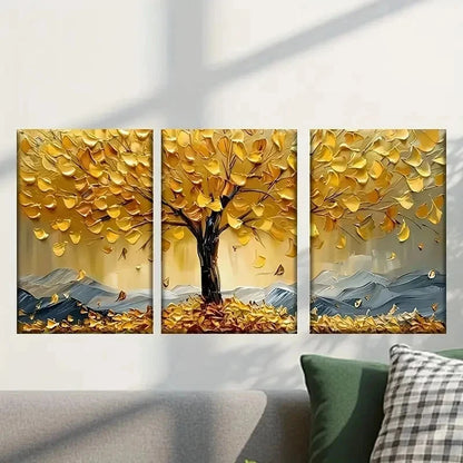 3pcs Tree with Golden Yellow Leaves Wall Art Set Canvas Framed 40x60cm - High Quality Print 100% Australian Made Wall Canvas Ready to Hang