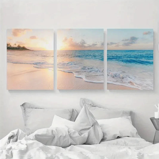 3pcs Ocean Beach Sunset Modern Deco Perfect Wall Art Set Canvas Framed 40x60cm - High Quality Print 100% Australian Made Wall Canvas Ready to Hang