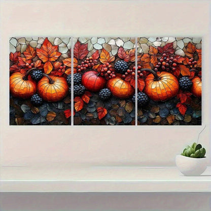 3pcs Beautiful Fall Mosaic Stained Glass Style Metal Print Ready to Hang Art