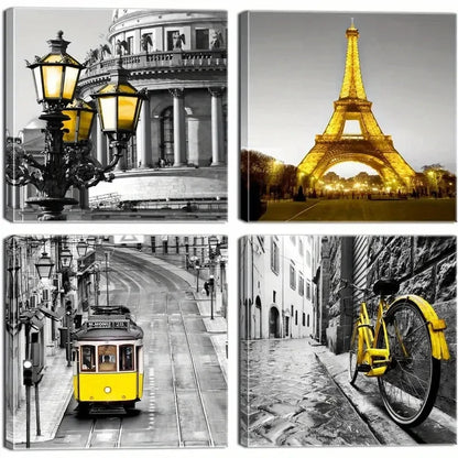 4pcs Eiffel Tower, Vintage Tram & Charming Wall Art Canvas Framed