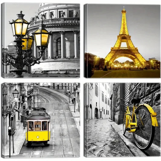 4pcs Eiffel Tower, Vintage Tram & Charming Wall Art Canvas Framed