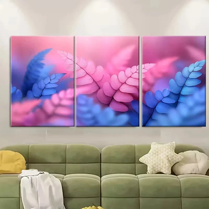 3pcs Minimalist Tropical Pink and Blue Leaf Wall Art Set Canvas Framed 50x70cm - High Quality Print 100% Australian Made Wall Canvas Ready to Hang