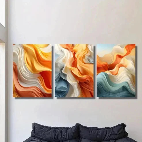 3pcs Orange and White Flowing Waves Wall Art Canvas Unframed - High Quality Print 100% Australian Made Wall Canvas