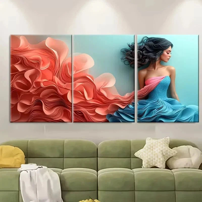 3pcs Woman in Blue Pink Dress Wall Art Set Canvas Framed 60x90cm - High Quality Print 100% Australian Made Wall Canvas Ready to Hang