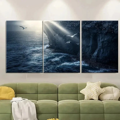 3pcs Seagulls and Waves Coastal Cliff Metal Print Ready to Hang Art