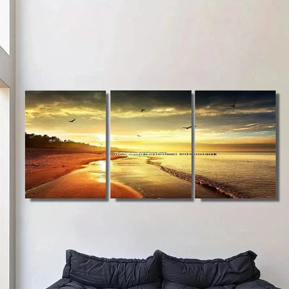 3pcs Sunset Beach Triptych Modern Coastal Metal Print Ready to Hang Art