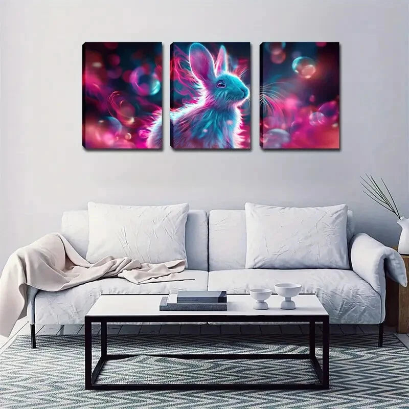 3pcs Pink Rabbit Glowing Neon Accent Perfect Wall Art Set Canvas Framed 40x60cm - High Quality Print 100% Australian Made Wall Canvas Ready to Hang