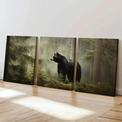 3pcs Majestic Black Bear In Misty Forest Wall Art Set Canvas Framed 40x60cm - High Quality Print 100% Australian Made Wall Canvas Ready to Hang