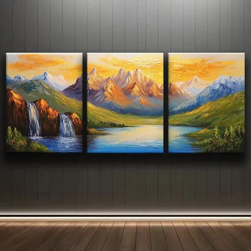 3pcs Golden Peaks Mountain Range Luxurious Wall Art Set Canvas Unframed - High Quality Print 100% Australian Made Wall Canvas