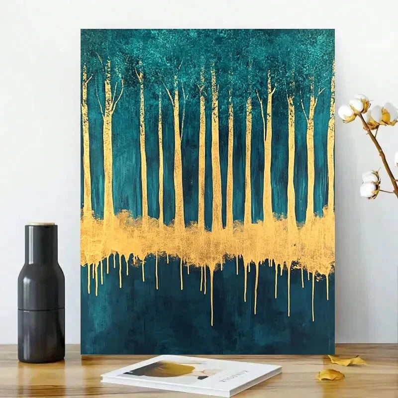 Abstract Forest With Golden Leaf Dripping on a Teal  40x60cm Metal Print Ready to Hang