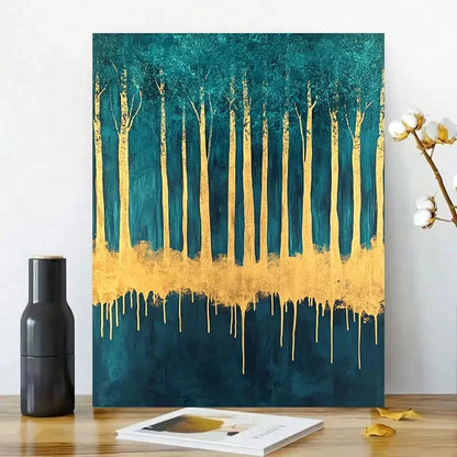 Abstract Forest With Golden Leaf Dripping on a Teal  40x60cm Metal Print Ready to Hang