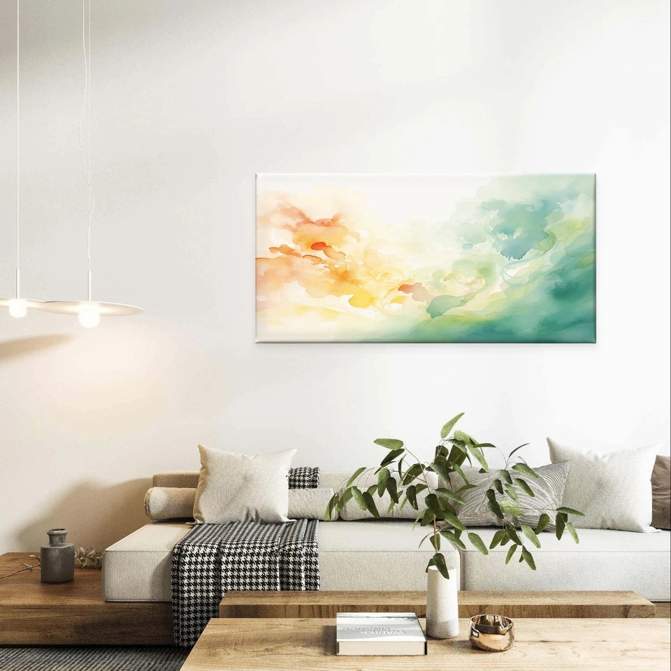 Minimalist Orange & Blue Watercolour Wall Art Canvas Office Home Framed 120x60cm