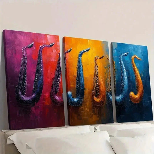 3pcs Vibrant Saxophone In Purple Orange & Blue Wall Art Set Canvas Framed 40x60cm - High Quality Print 100% Australian Made Wall Canvas Ready to Hang