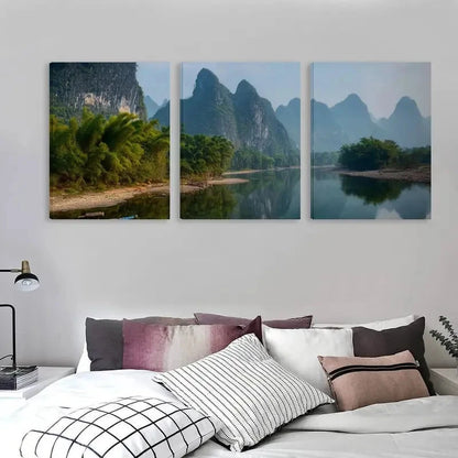 3pcs Peaceful Li River Guilin China Landscape Wall Art Set Canvas Framed 60x90cm - High Quality Print 100% Australian Made Wall Canvas Ready to Hang