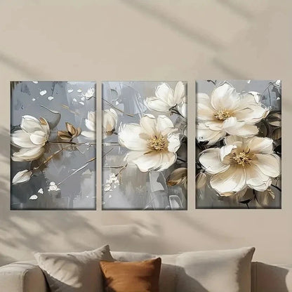 3pcs White Flowers on Gray Background Wall Art Set Canvas Framed 40x60cm - High Quality Print 100% Australian Made Wall Canvas Ready to Hang