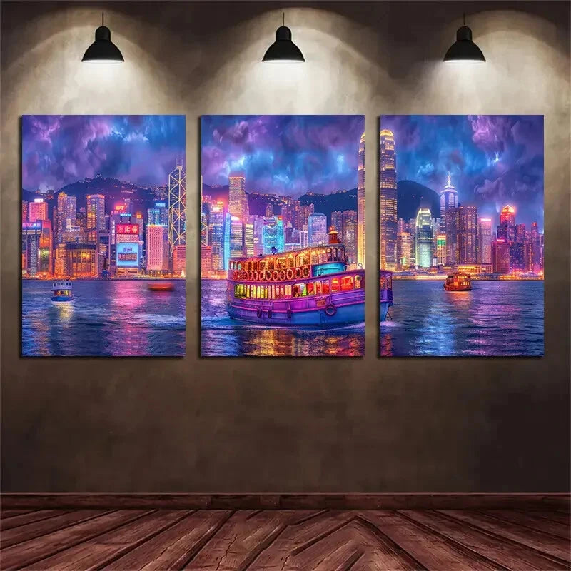 3pcs Magnificent City Landscape Shining With Neon Metal Print Ready to Hang Art