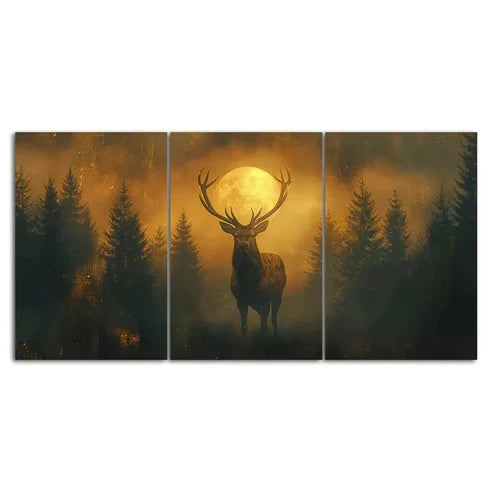 Mysterious Red Deer Stag Standing in a Foggy Forest 3 Pcs Canvas Framed 60x90cm - High Quality Print 100% Australian Made Wall Canvas Ready to Hang