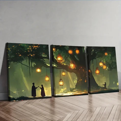 3pcs Lanterns & Old Tree Night Scene Perfect Wall Art Set Canvas Unframed - High Quality Print 100% Australian Made Wall Canvas