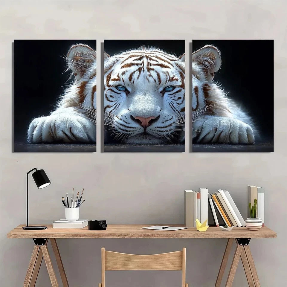 3pcs Modern White Tiger Animal Metal Print Ready to Hang Art