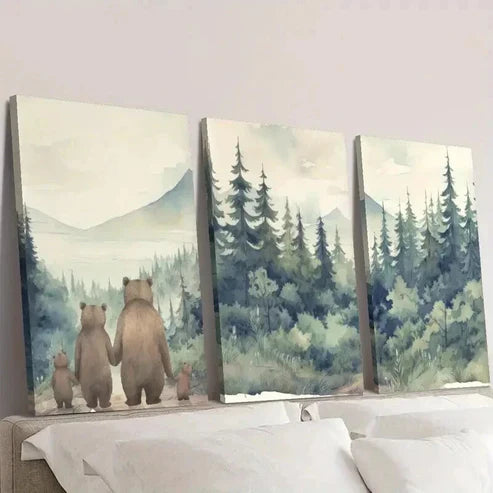 3pcs Bear Family in Forest Portrait Decor Wall Art Set Canvas Unframed - High Quality Print 100% Australian Made Wall Canvas