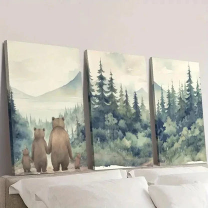 3pcs Bear Family in Forest Portrait Decor Wall Art Set Canvas Unframed - High Quality Print 100% Australian Made Wall Canvas