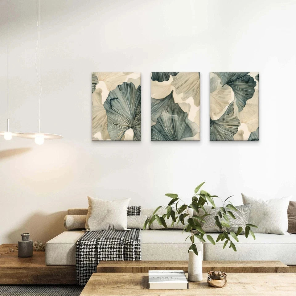 3pcs Modern Neutral Blue and Grey Leaves Wall Art Set Canvas Framed 50x70cm - High Quality Print 100% Australian Made Wall Canvas Ready to Hang