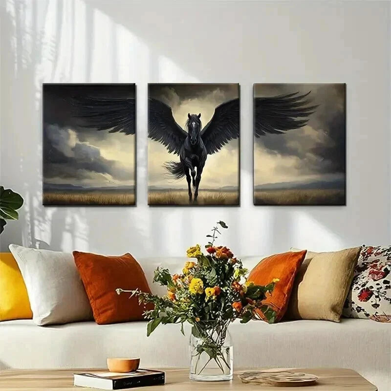 3pcs Fantasy Mythical Winged Horse Soaring Wall Art Set Canvas Framed 40x60cm - High Quality Print 100% Australian Made Wall Canvas Ready to Hang