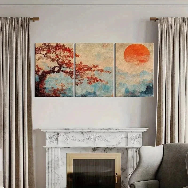 3pcs Vintage Autumn Tree & Sunset Landscape Metal Print Ready to Hang Art