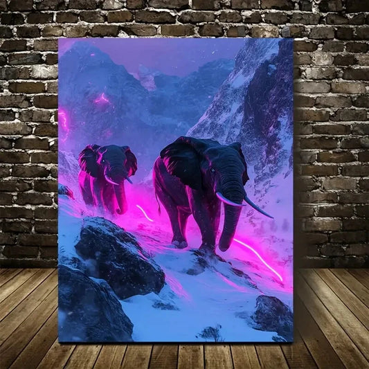 Vibrant Cyberpunk Elephant Scene with Neon Painting 40x60cm Metal Print Ready to Hang