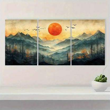 3pcs Mountain Landscape with Sun and Birds Wall Art Set Canvas Framed 40x60cm - High Quality Print 100% Australian Made Wall Canvas Ready to Hang