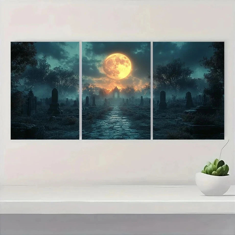 3pcs Halloween Cemetery at Night Metal Print Ready to Hang Art