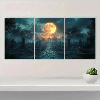 3pcs Halloween Cemetery at Night Metal Print Ready to Hang Art