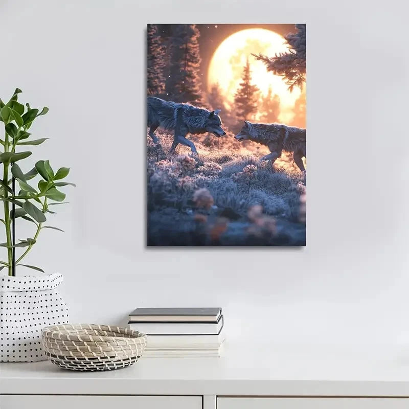 Dreamlike Wolf Chase Scene with Full Moon Painting 40x60cm Metal Print Ready to Hang