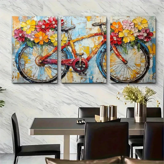 3pcs Bicycle Floral Colorful Bike Lover Perfect  Wall Art Set Canvas Framed 40x60cm - High Quality Print 100% Australian Made Wall Canvas Ready to Hang
