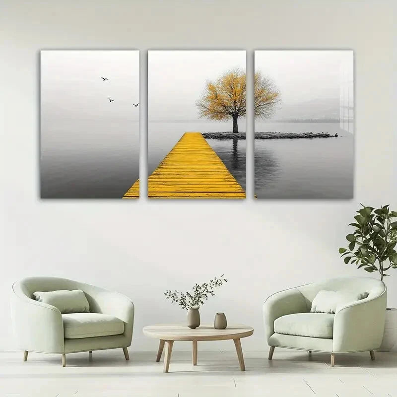3pcs Golden Themed Seaside Birds and Trees Metal Print Ready to Hang Art