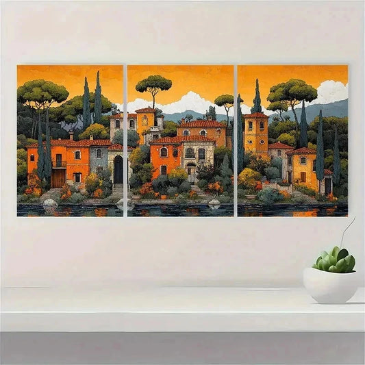 3pcs Whimsical Italian Landscape Pastel Perfect Wall Art Set Canvas Framed 40x60cm - High Quality Print 100% Australian Made Wall Canvas Ready to Hang