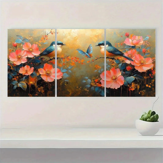 3pcs Beautiful Painting of Flowers And Birds Wall Art Set Canvas Framed 60x90cm - High Quality Print 100% Australian Made Wall Canvas Ready to Hang