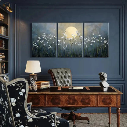 3pcs White Flowers & Night Sky Tranquil Nature Metal Print Ready to Hang Art
