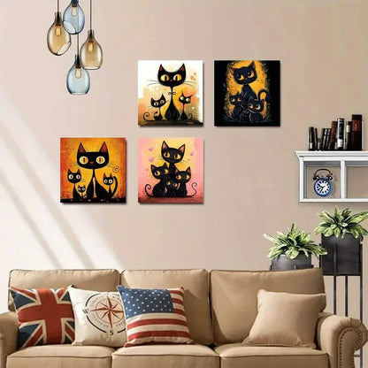 4pcs Black Cat Full Moon Picture Wall Art Canvas Framed