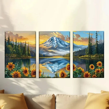 3pcs Sunflowers, lakes and snow-capped mountains Wall Art Set Canvas Unframed - High Quality Print 100% Australian Made Wall Canvas