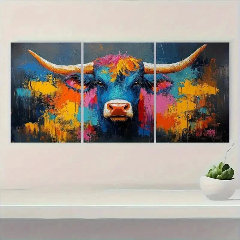 3pcs Vibrant Abstract Cow Colorful Brushstrokes Metal Print Ready to Hang Art