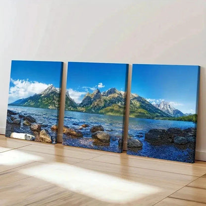 3pcs Green Mountains and Lake Modern Wall Art Set Canvas Framed 40x60cm - High Quality Print 100% Australian Made Wall Canvas Ready to Hang